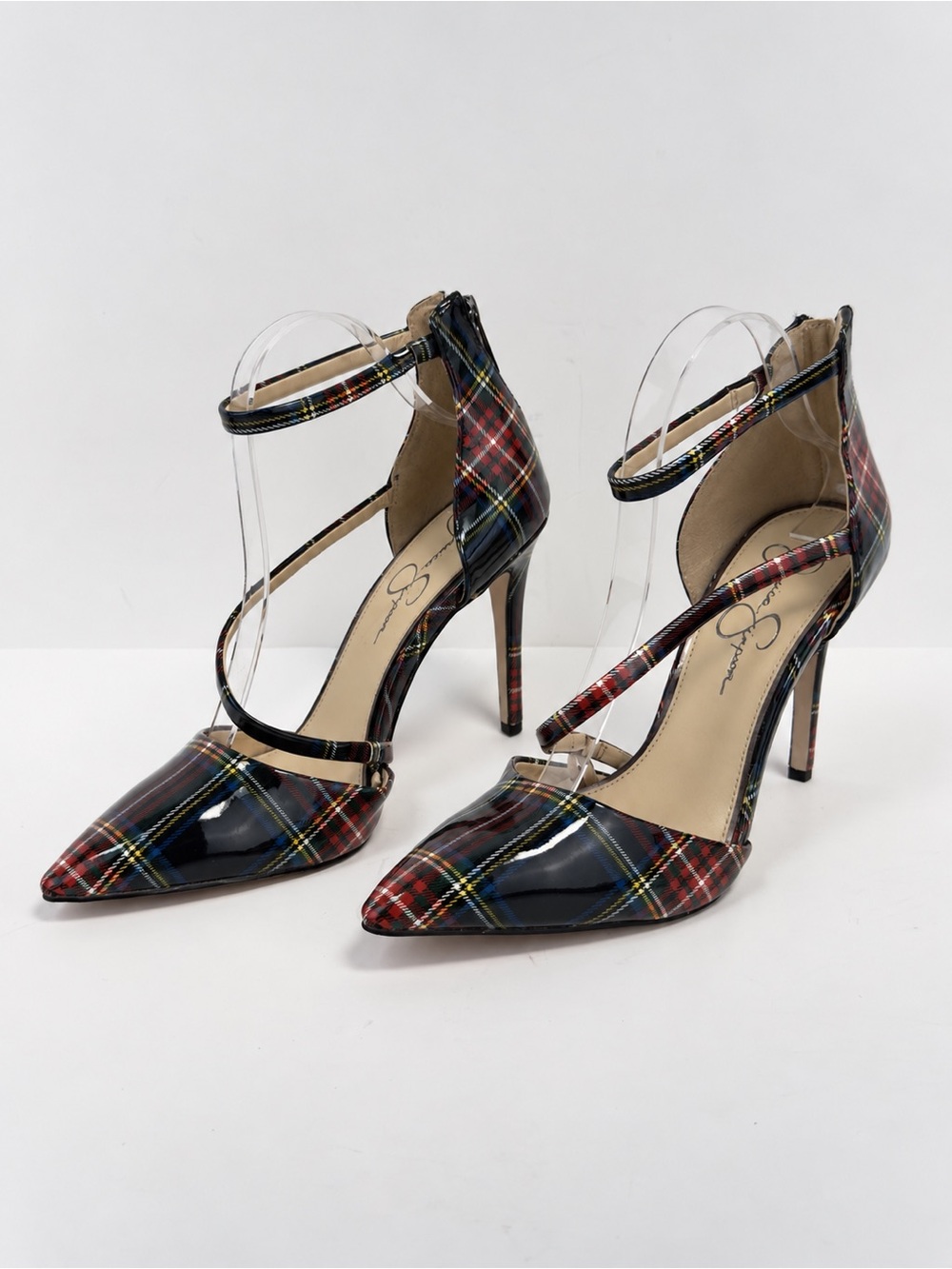 Jessica Simpson Piepper Plaid Patent Pointed Toe Stiletto Ankle Strap Heels 10M